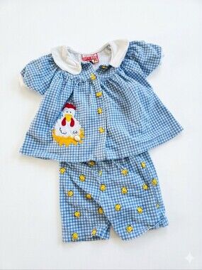 Vintage City Kids Blue Gingham Chicken & Duckling Outfit Set 2PC Top Shorts 24M